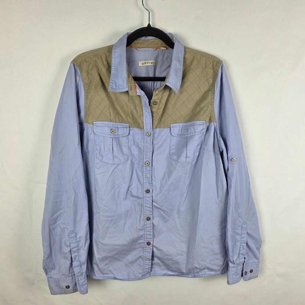 Orvis Womens XL Blue Quilted Shoulder Shooting Field Shirt Long Sleeve Roll Tab